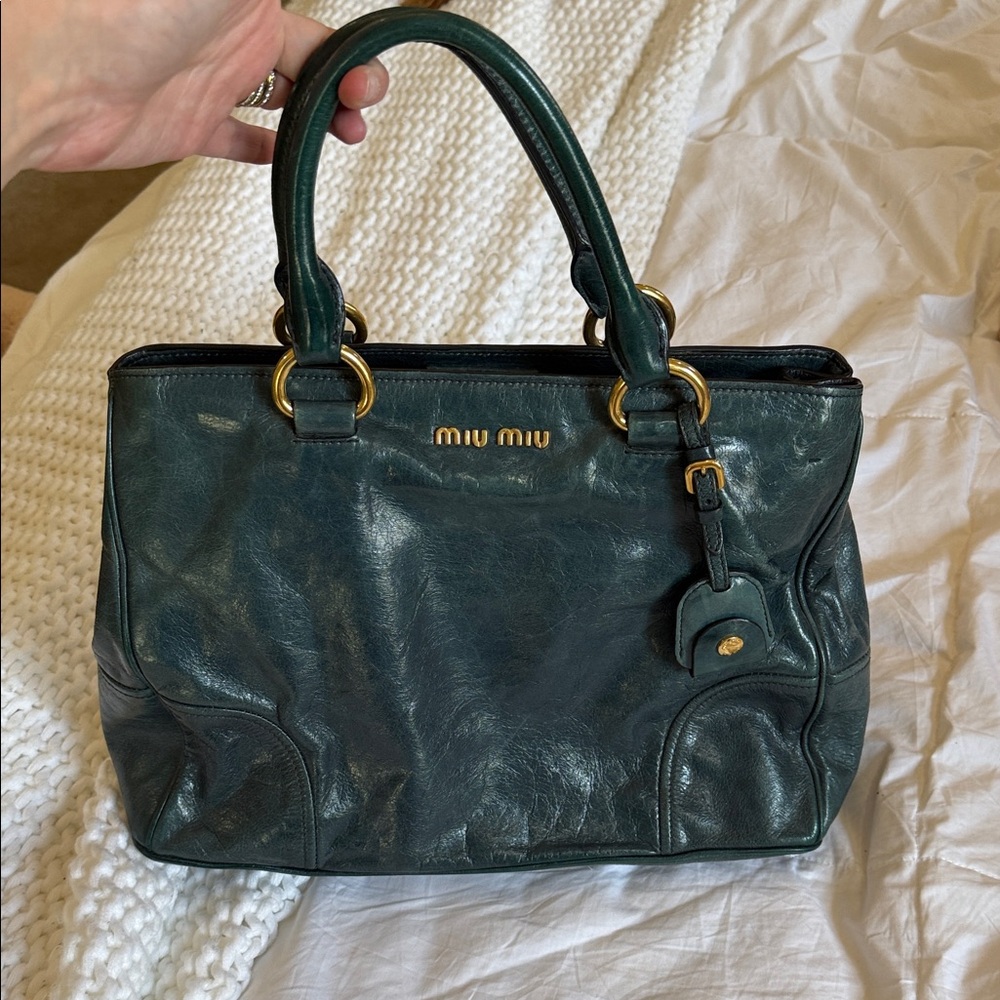 Miu Miu Forest Green Leather Tote with Gold Hardware